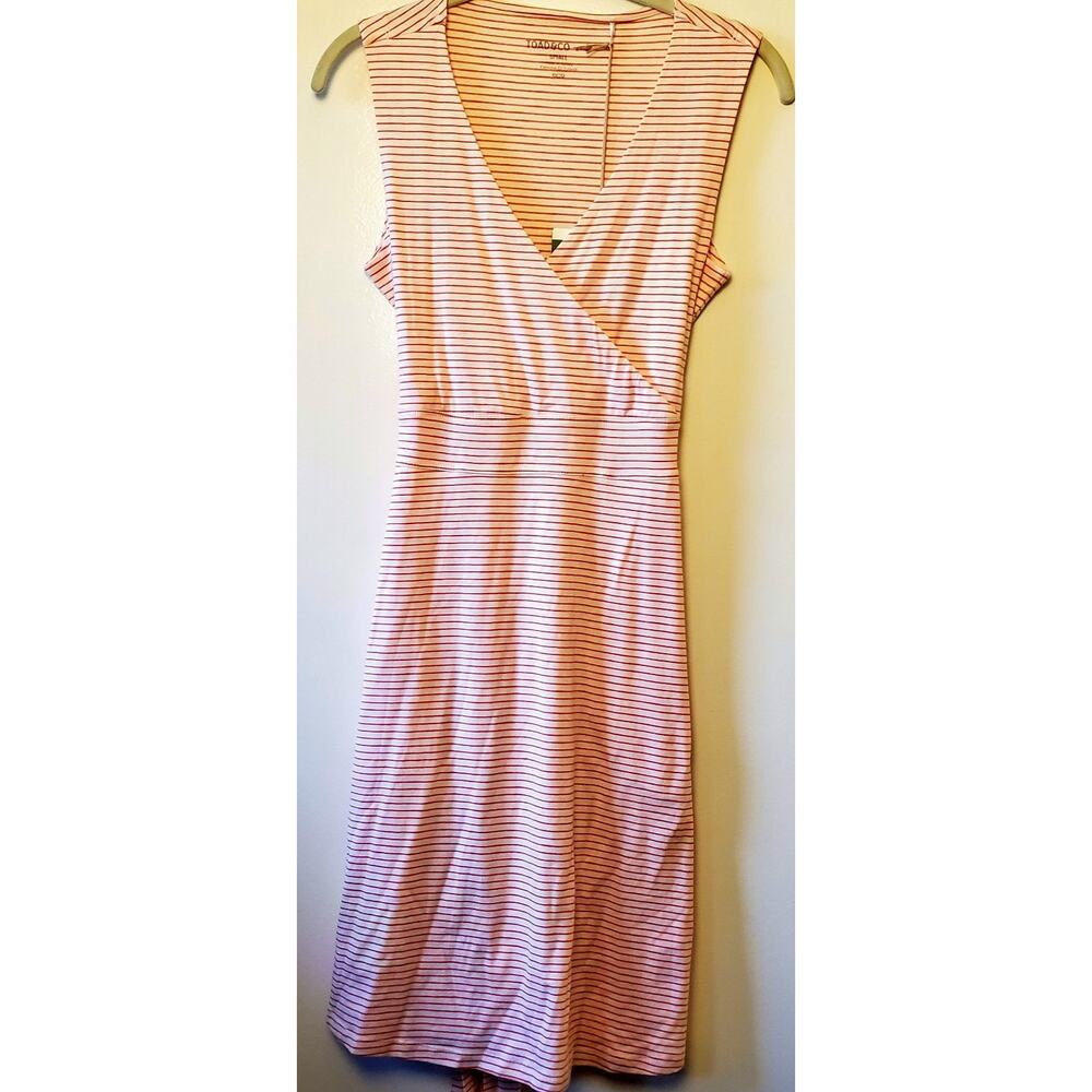 Toad & Co Size S Cue Sleeveless Stretch Dress Pink Mini Stripe Tie Waist Pockets